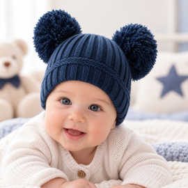 Navy Double Pom Pom Hat (12-24 Months) 