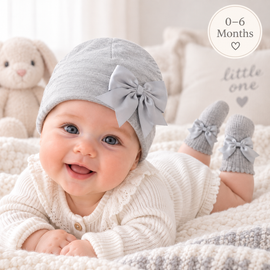 Grey Hat and Sock Set With Bow  (0-6 Months) 