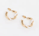 Gold Tone & White Twisted Pearl Hoop Earrings 