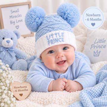Blue Knitted Double Pom Pom Hat With Prince Embroidery  (Newborn-6 months) 