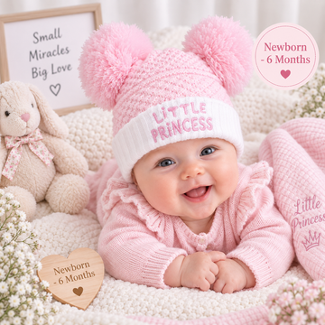 Baby Double Pink Pom Pom Knitted Hat With  Princess Embroidery (NB-6 Months) 