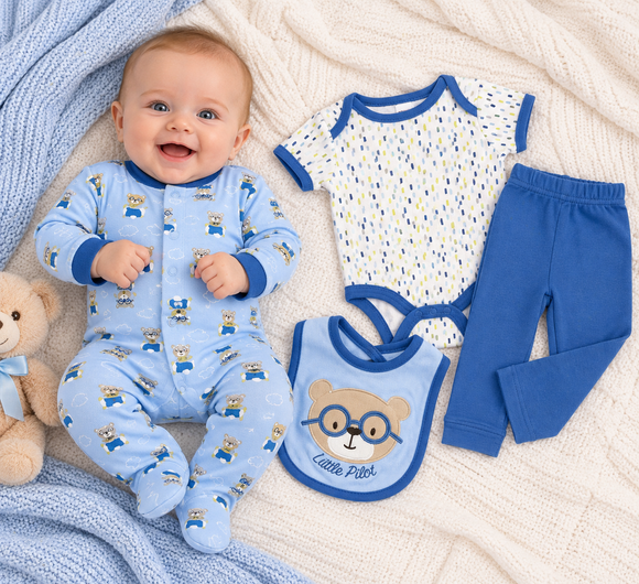Blue 4 Piece Cotton Set  (0-9 Months) 