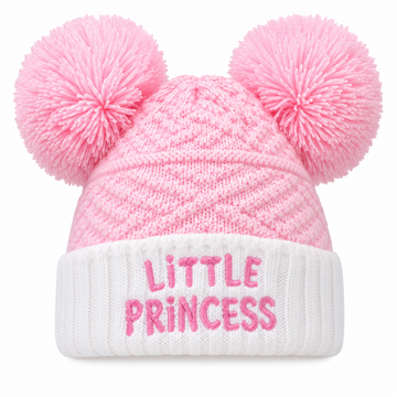 Baby Double Pink Pom Pom Knitted Hat With  Princess Embroidery (NB-6 Months) 