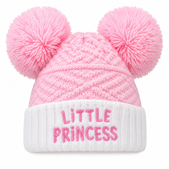 Baby Double Pink Pom Pom Knitted Hat With  Princess Embroidery (NB-6 Months) 