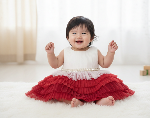 Red & Cream Pearl Detail Two-Piece Dress Set 