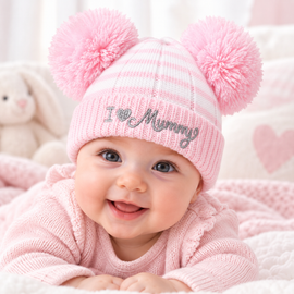 I ♥ Mummy Pom Pom Striped Hat (NB-6 Months) 