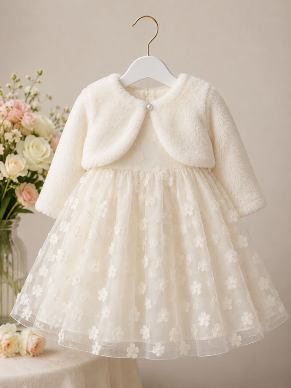 Ivory Floral Occasion Dress & Faux Fur Bolero 