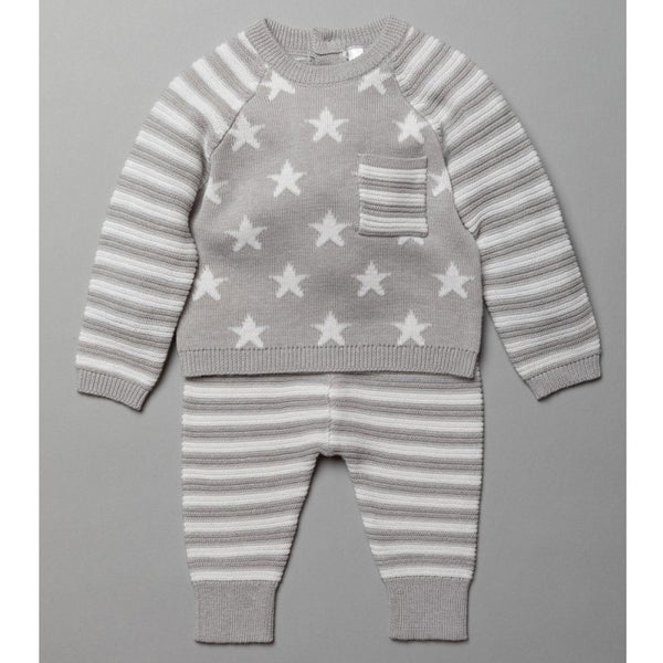 Grey Baby Unisex Stars Knitted 2 Piece Outfit (0-12 Months) 