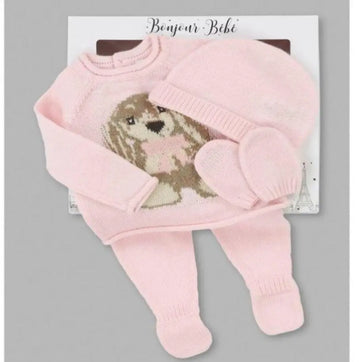 Pink Rabbit With Pom Pom  Knitted  Set  (0-6 Months) 