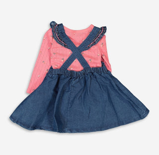Pink Bodysuit & Blue Denim Dress Set 
