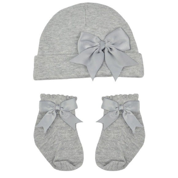 Grey Hat and Sock Set With Bow  (0-6 Months) 