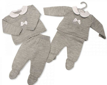 Grey Knitted "Teddy and Bow" Two Piece Set 